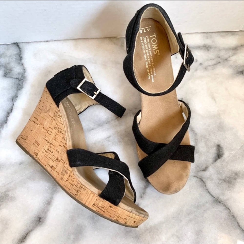 Toms Black Canvas Sienna Wedge Sandal Size 7.5